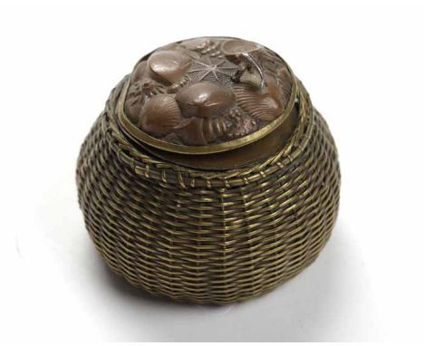 UNUSUAL LATE VICTORIAN BRASS WIRE INKWELL
modelled in the form of a wicker fishing creel, the hinged cover embossed with shel