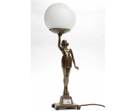 ART DECO BRONZED TABLE LAMP
modelled as a standing female figure with one arm aloft supporting a frosted glass globe above he