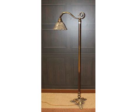 EARLY 20TH CENTURY OXIDISED BRASS FLOOR LAMP
with fluted glass shade, 156.5cm high
