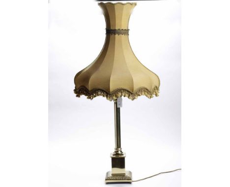 LARGE BRASS CORINTHIAN COLUMN TABLE LAMP 
with fabric shade, 117cm high overall; together with a Doric column lamp of similar