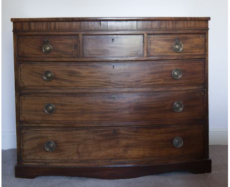 REGENCY MAHOGANY BOW-FRONT CHEST
of three short and three long cockbeaded graduated drawers, on a later base, 115cm wide 
