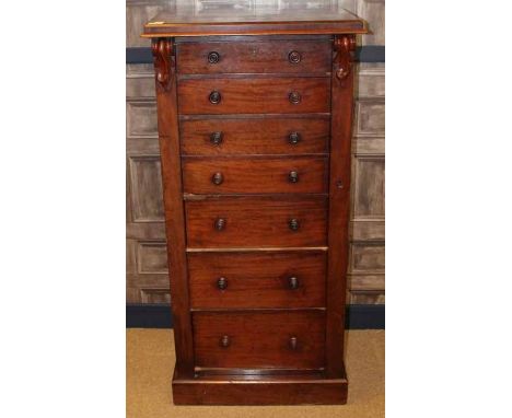 ATTRACTIVE VICTORIAN WELLINGTON SECRETAIRE CHEST
the moulded cornice with five graduated drawers and central secretaire drawe