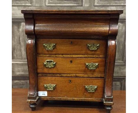 VICTORIAN MAHOGANY MINIATURE COLUMN CHEST 
with secret frieze and three long drawers, on turned feet, 36cm wide 