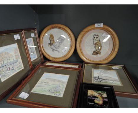 A selection of vintage miniature watercolour prints and embroidery