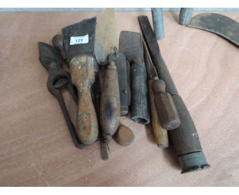 A selection of vintage tools including archimedes drill and chisels etc