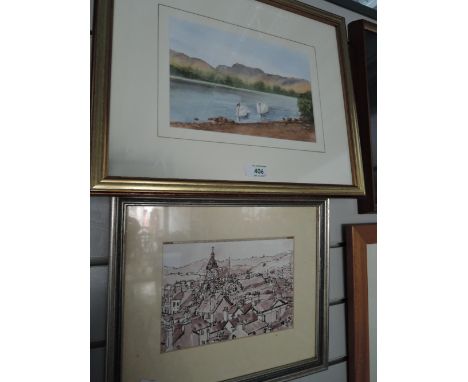 A watercolour, Kendal rooftops, 6in x 8in, and a watercolour, M Poole, Swans on Elterwater, signed, 6in x 9in