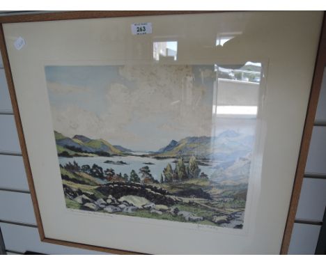A coloured etching after James Priddey, Derwentwater from Ashness Bridge, signed, 13in x16in