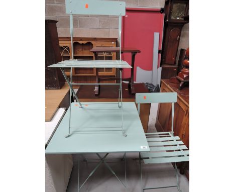 A metal folding garden furniture set comprising table and two chairs