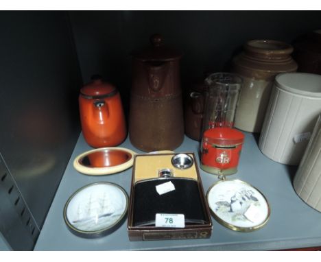 A selection of vintage kitchen items including small enamel tea pot