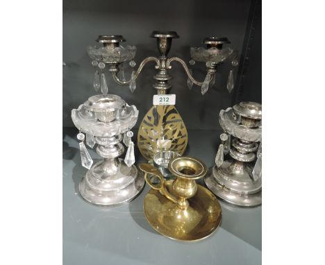 A selection of vintage plated candle sticks with glass lustre droplets