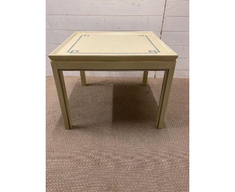 A light green painted side table with gold piping and blue geometric detail (H51cm D66cm W66cm)