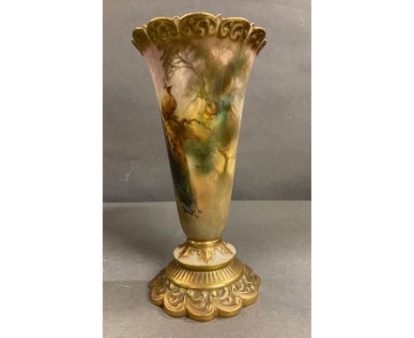 A hand painted Royal Worcester vase depicting peacocks. Stamped to base and signed by the artist Sedgely