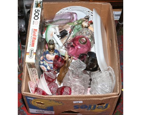 A box of miscellaneous ceramics and glass etc including cranberry oil lamp base and military figures etc.
