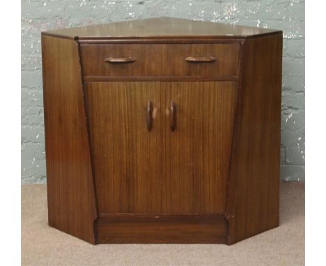 A vintage teak retro G-plan Gomme corner cabinet with secretaire drop down writing shelf.