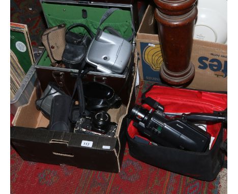 A box of photographic equipment mostly 35mm SLR and compact cameras including Halina, Ricoh, Cannon, Polaroid, Kodak etc.