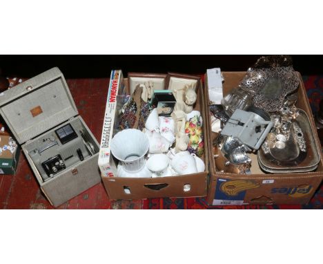 Two boxes of miscellaneous to include bone china teawares, commemorative ware, silver plate, Eumig projector etc.