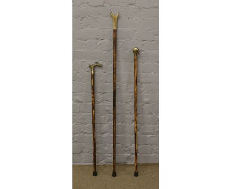 Three walking sticks. One a thumb stick with antler handle, a brass handled stick and one with a brass topper formed as a sku