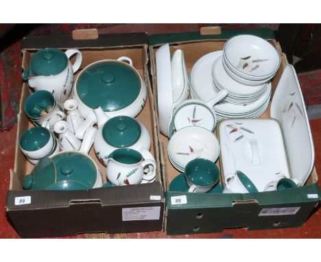Two boxes of Denby stoneware tea/dinner wares decorated in the green wheat pattern including tureens, teapot, cups and saucer
