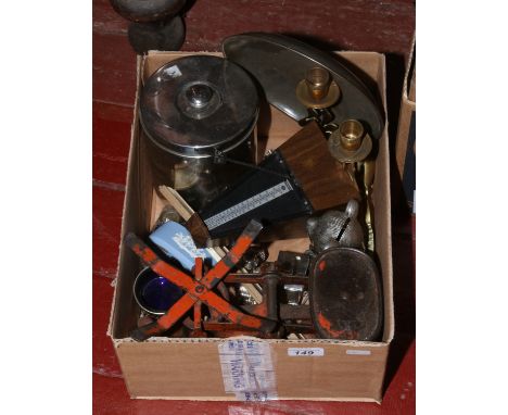 A box of collectables including cast iron weighing scales and weights, metronome, Wedgwood Jasperware lighter, Brass candlest