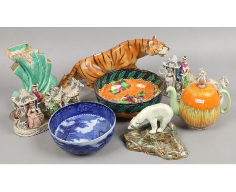 A group of ceramics to include Losal ware, Royal Dux tiger, Shelley drip glaze teapot etc.