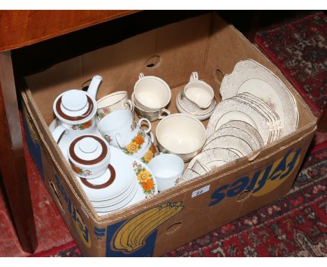 A box of teawares and coffee service to include coffee pot, tea cups and saucers, sugar pot etc.