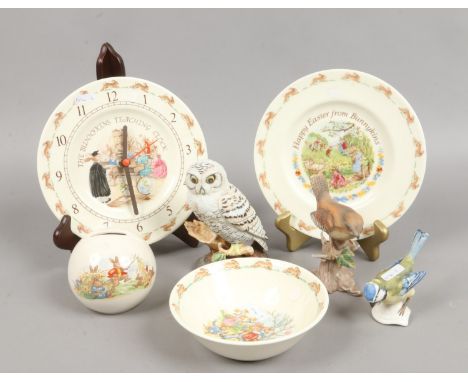 A collection of Bunnykins items to include a clock, bowl, plate and penny bank along with Maruri birds and a Goebel bird.