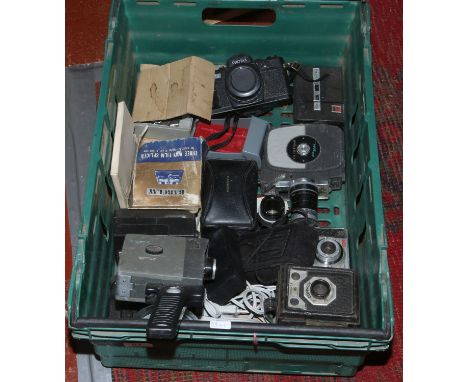 A box of vintage cameras to include Kodak, Pentax, Conway etc.