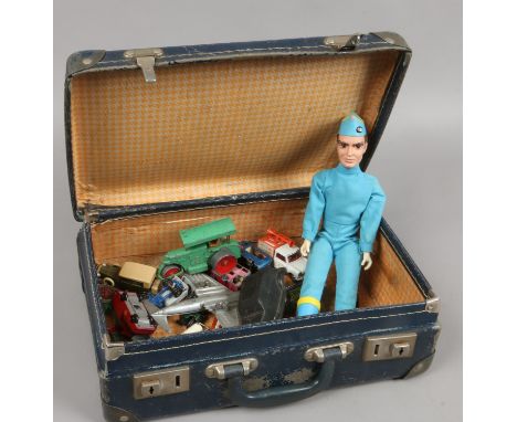 A small vintage case and contents of Diecast toy vehicles Dinky, Lesney Corgi and a Thunder Birds figures.