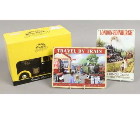 Two enamel railway signs, along with a boxed Ringtons ceramic Morris Minor.