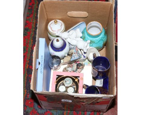 A box of mixed ceramics including blanc de chine ornaments, boxed Wedgwood, Limoges, Delft, Royal Worcester etc.