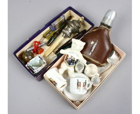 A quantity of collectables including vintage fountain pens, a child's rattle, hip flask, crested wares etc.