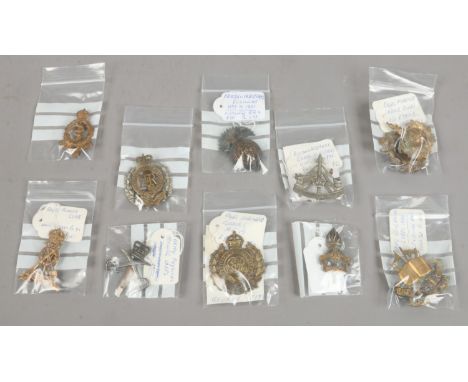 Eleven military cap badges including Northumberland Fusiliers, Royal Pioneer Corps, Army Education Corps, Royal Marine Light 