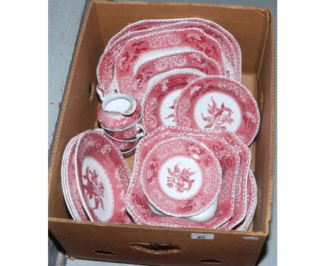 A box of Spode Copeland dinnerwares in pinic camilla style to include dinner plates, side plates, tea cups, cream jug etc, ap