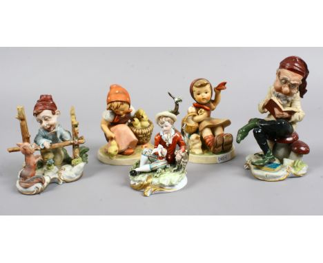 Two vintage Hummel Goebel figures model number 65I and 57I along with three Capodimonte style figures.&nbsp;