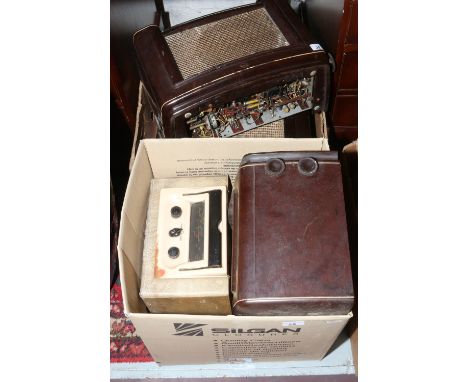 Two boxes of vintage radios including Mullard and Ever Ready.