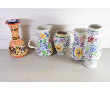 TRAY CONTAINING POOLE POTTERY, TWO JUGS, TWO VASES AND A FURTHER GRECIAN STYLE VASE