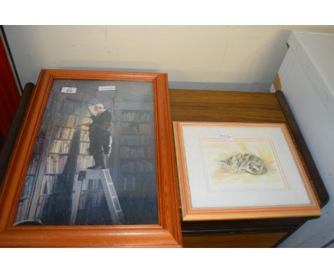 LIMITED EDITION FRAMED PRINT OF A SLEEPING CAT, FRAME APPROX 31 X 27CM TOGETHER WITH A FRAMED PRINT OF A LIBRARIAN, APPROX 37