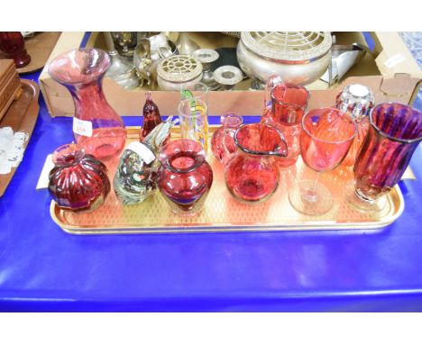 RUBY GLASS ITEMS, VASES, JUGS ETC