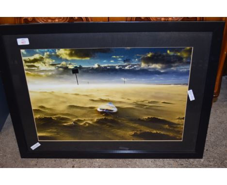 FRAMED PRINT DEPICTING A COASTAL SCENE WITH BOATS, APPROX 76 X 56CM