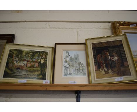THREE VARIOUS FRAMED PICTURES COMPRISING OIL ON BOARD SIGNED JOHN MUNNINGS "EAST HARLING MILL", 20 X 24CM, TOGETHER WITH SAME
