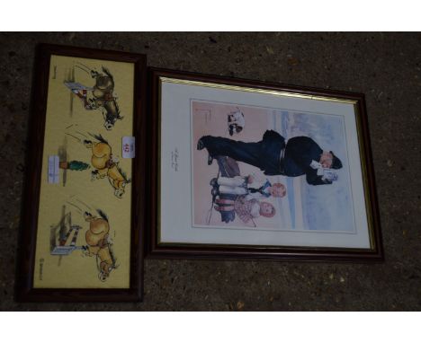 FRAMED BARNACLE HORSE RIDING INTEREST CARTOON PRINT "JUMPING", WIDTH APPROX 43CM TOGETHER WITH A PRINT OF LAWSON WOOD PAINTIN