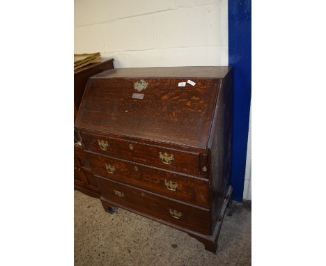 19TH CENTURY FALL FRONT OAK BUREAU RAISED ON BRACKET FEET WITH LATER MOUNTED SILVER INSCRIPTION PANEL, WIDTH APPROX 90CM