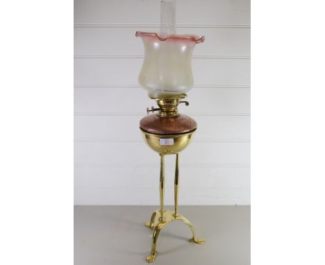 BRASS LAMP WITH GLASS SHADE AND BEATEN COPPER RESERVOIR