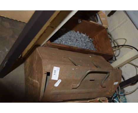 A metal tool box and a box of assorted nails