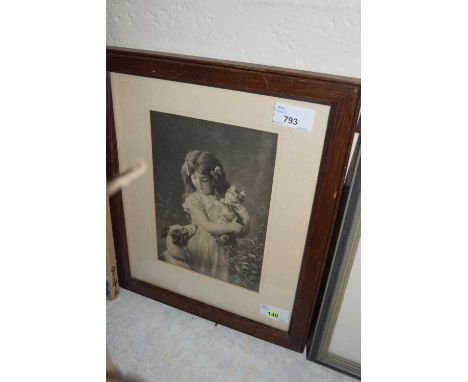 Monochrome print, girl with kitten, framed and glazed