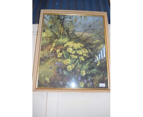 Yellow primroses, reproduction print, framed and glazed