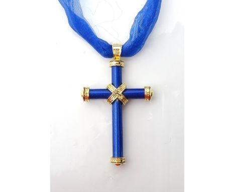 THEO FENNELL BLUE ENAMEL AND EIGHTEEN CARAT GOLD CROSS PENDANT
the enamel cross with gold foliate motif crossed bands and ter