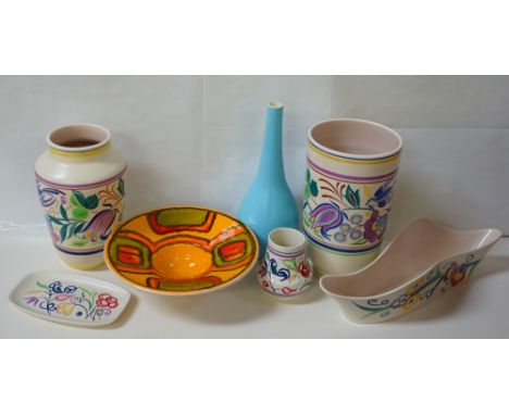 COLLECTION OF POOLE HANDPAINTED POTTERY
includes a flower trough and pin dish (Truda Carter design), vases and bowl, all bear