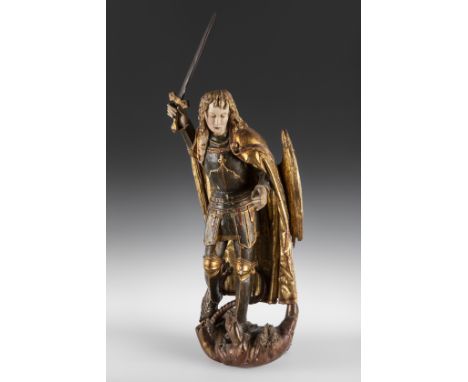 South German school, late 15th-early 16th century."St. Michael the Archangel".Wood carving stewed and polychromed by hand in 