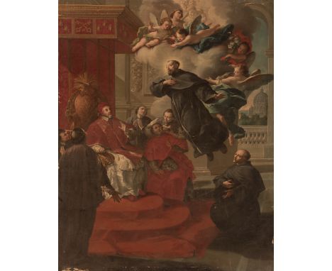 Roman master; 18th century."St. Joseph of Cupertino, levitating in front of Pope Urban VIII".Oil on canvas.Presents walls and